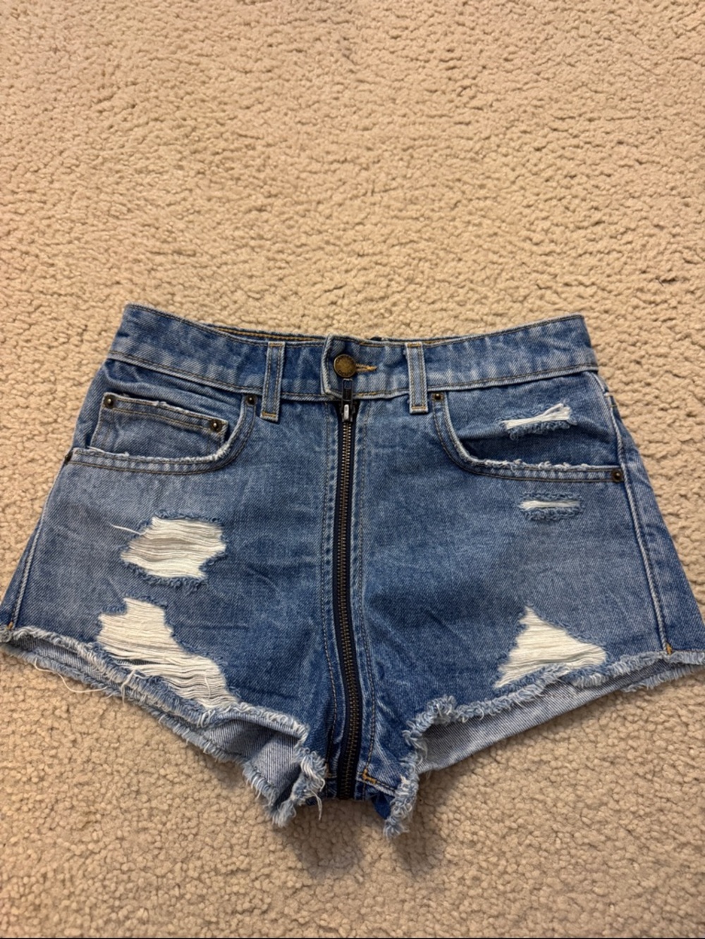 LF Distressed Blue Denim Zip-Front Jean Shorts